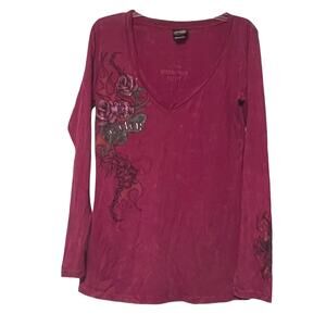 Harley Davidson Tee Shirt Womens X-Large Pink Rose Print Long Sleeve Moto Rider